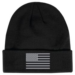 Winter Knit Beanie American Flag Logo Black with Gray Flag