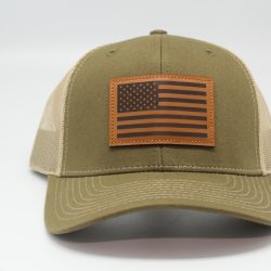 American Flag Leather Patch Cap Olive/ Tan Mesh