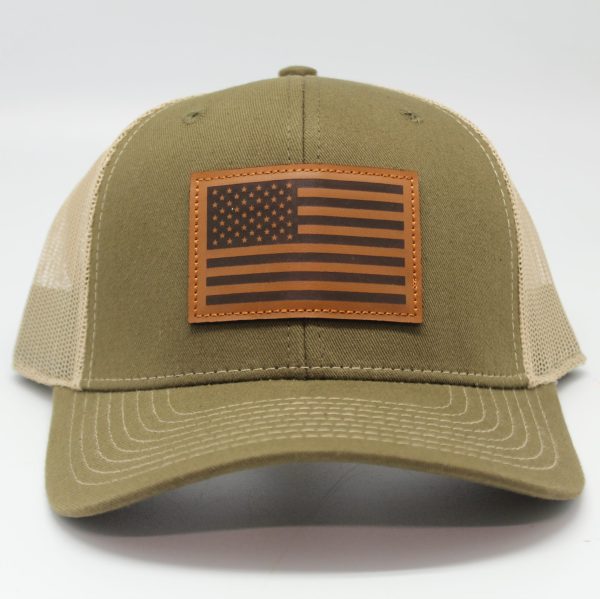 American Flag Leather Patch Cap Olive/ Tan Mesh - Image 2