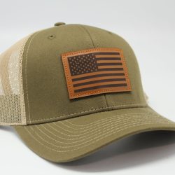 American Flag Leather Patch Cap Olive/ Tan Mesh Side