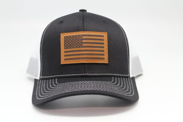 American Flag Leather Patch Cap Black/ White Mesh - Front