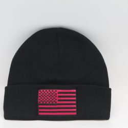 Winter Knit Beanie American Flag Logo Black with Pink Flag