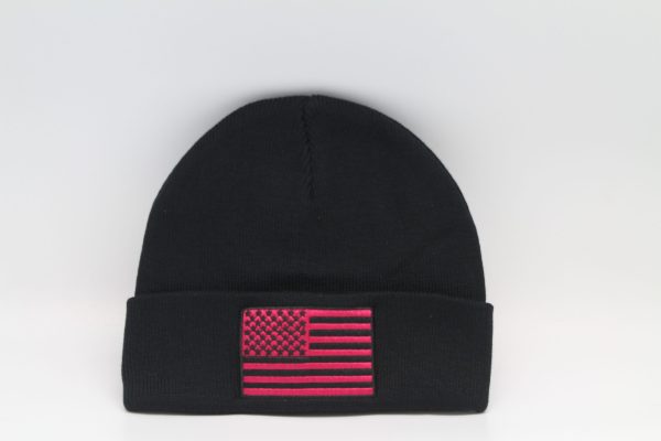 Winter Knit Beanie American Flag Logo Black with Pink Flag
