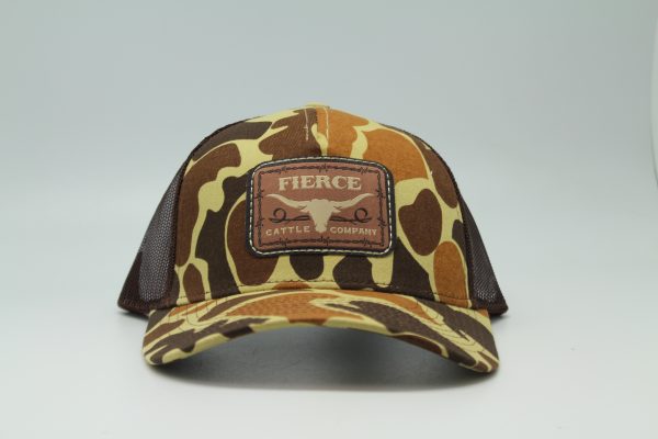 Fierce Cattle Co. Woven Patch on Duck Camo/Brown Mesh - Front