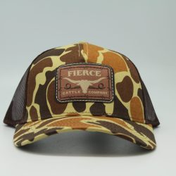 Fierce Cattle Co. Woven Patch on Duck Camo/Brown Mesh - Front