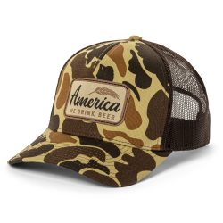 "We Drink Beer" Woven Patch on Duck Camo/Brown Mesh