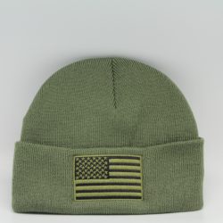 Winter Knit Beanie American Flag Logo Olive Green with Black Flag