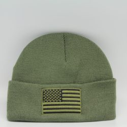 Winter Knit Beanie American Flag Logo Olive Green with Black Flag