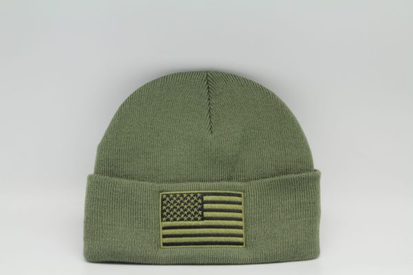 Winter Knit Beanie American Flag Logo Olive Green with Black Flag