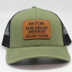 Blue Collar American Leather Patch on Moss Green/Black Mesh - Front