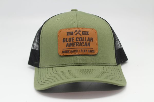 Blue Collar American Leather Patch on Moss Green/Black Mesh - Front