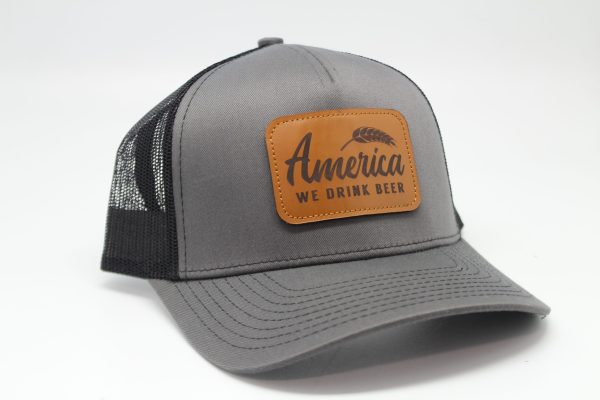 We Drink Beer Leather Patch on Charcoal/Black Mesh - Side
