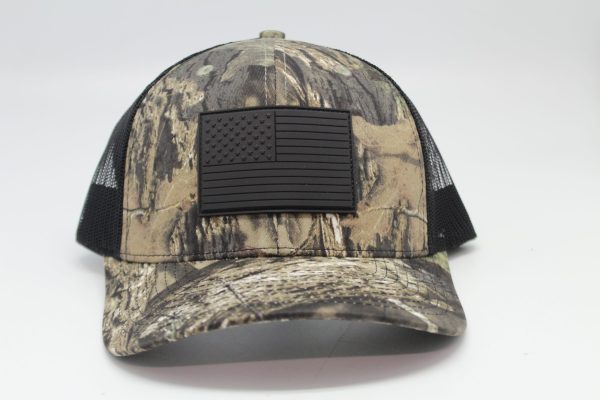 American Flag Rubber Patch on Mossy Oak Break Up Country/Black Mesh Front