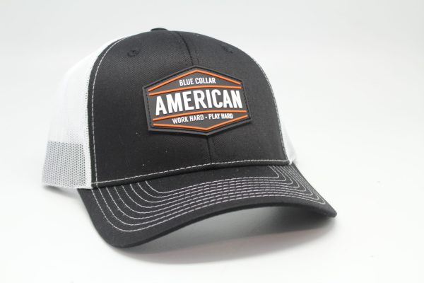Blue Collar American Work Hard Play Hard Rubber Patch on Black/White Mesh