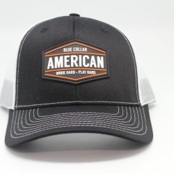 Blue Collar American Work Hard Play Hard Rubber Patch on Black/White Mesh