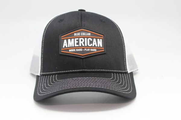 Blue Collar American Work Hard Play Hard Rubber Patch on Black/White Mesh