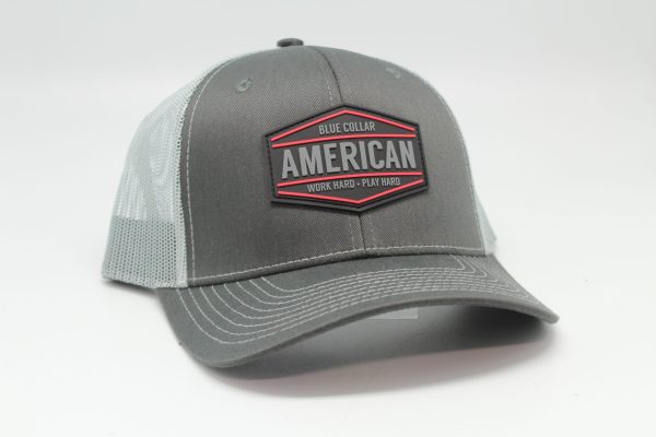 Blue Collar American Work Hard Play Hard Rubber Patch on Charcoal/Light Gray Mesh