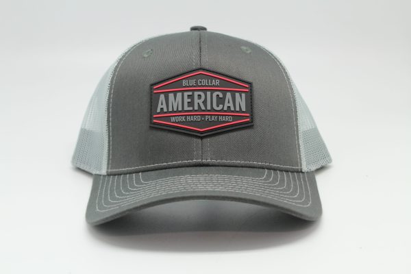 Blue Collar American Work Hard Play Hard Rubber Patch on Charcoal/Light Gray Mesh