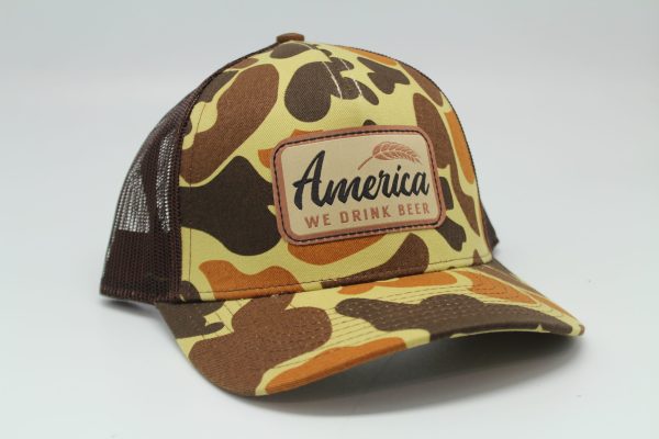 "We Drink Beer" Woven Patch on Duck Camo/Brown Mesh