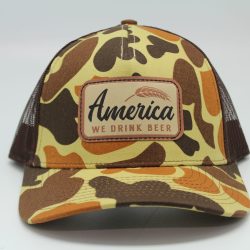 "We Drink Beer" Woven Patch on Duck Camo/Brown Mesh