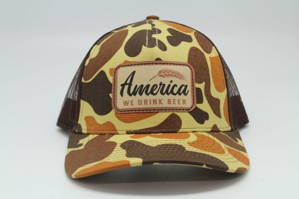 "We Drink Beer" Woven Patch on Duck Camo/Brown Mesh